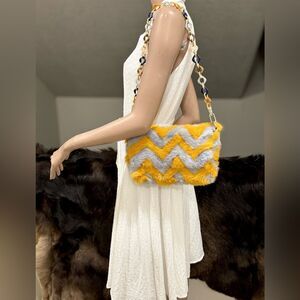 Real Mink Fur Colorblock Herringbone Pattern Handmade Slouchy Bag/Crossbody